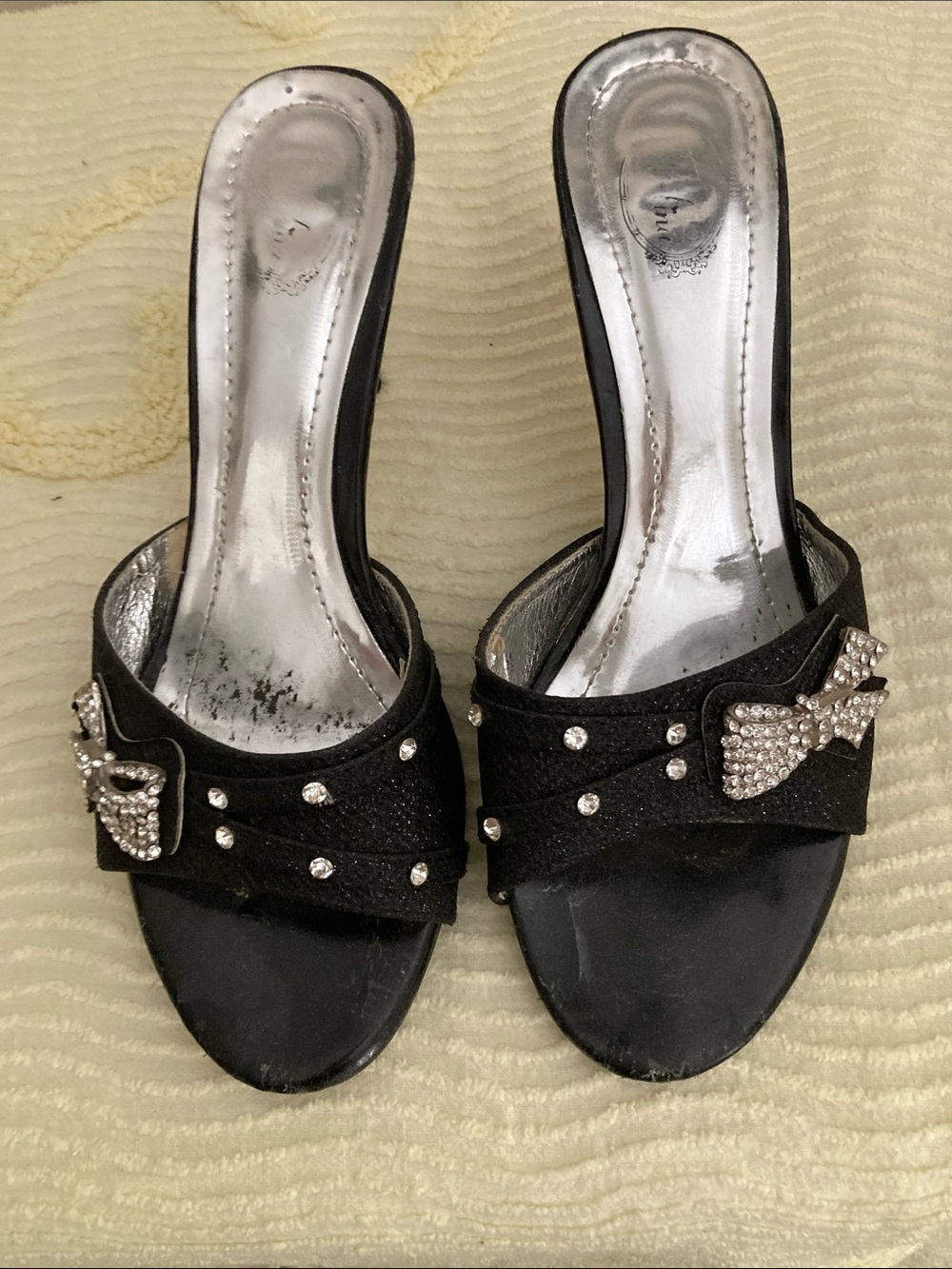 Women's Black Slip-On Heeled Sandals with Rhinestone Bow